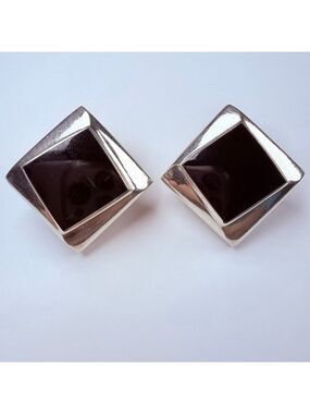Modernist Nested Stacked Squares 19CT Onyx 1.3" Sterling 925 Silver VTG Earrings